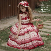 Sweet Vending - Cherries Are Ripe - Red Three-Tier JSK Dress with Cherry Motifs - Long JSK + waist belt + airplane box / S