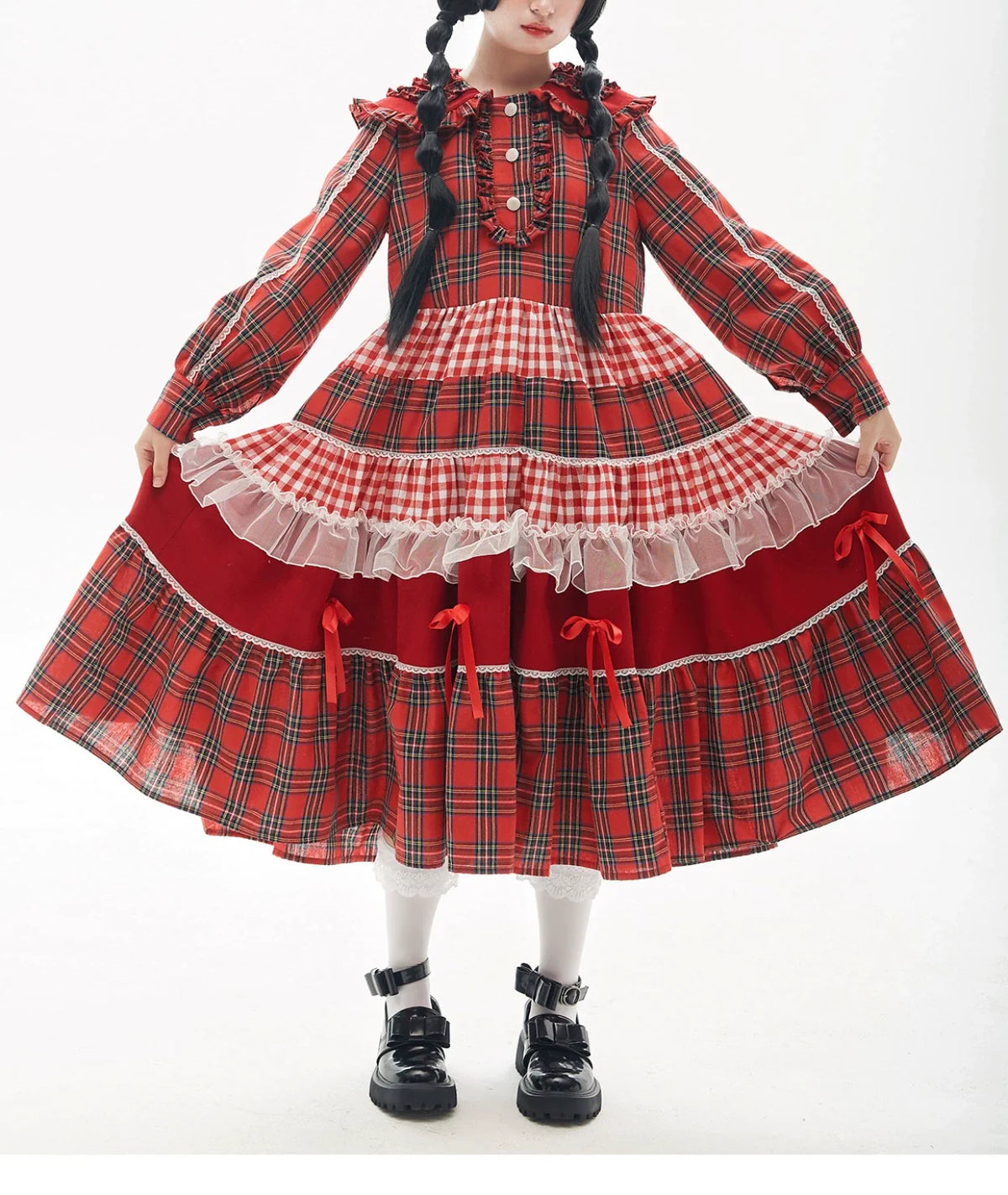SOS MEME CLUB - Vintage Plaid - Red Vintage Lolita OP dress with a doll collar - product detail 12