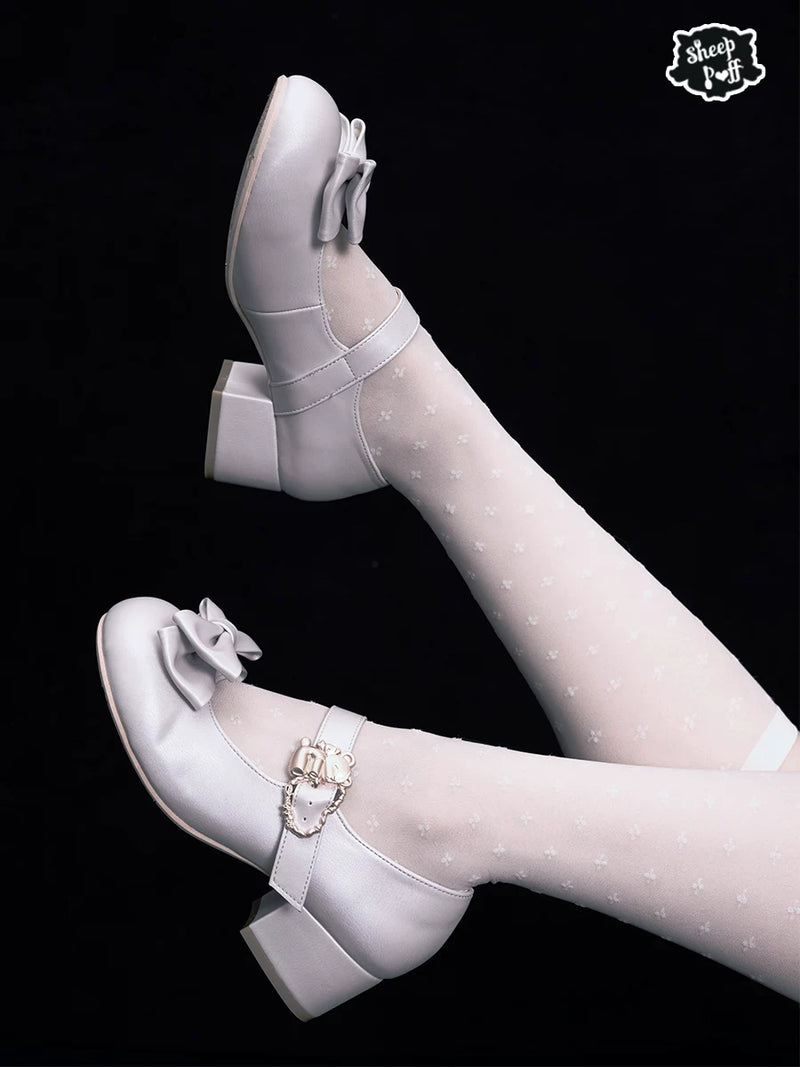 Sheep Puff Hugging Bear Lolita Shoes featuring cute bear design, soft pastel colors, and adorable puff accents.