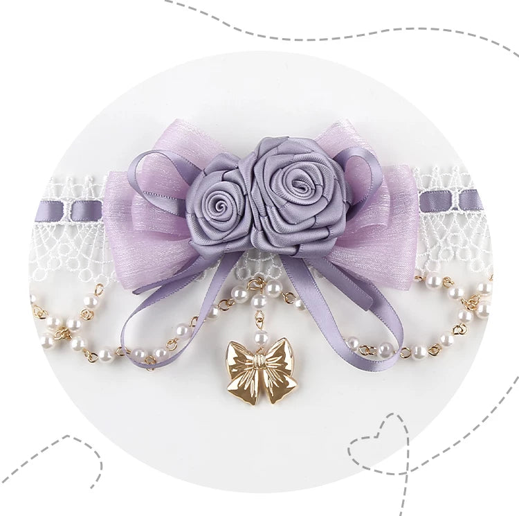 Independent Brand lace collar necklace with roses, bows, pearls and a gold-tone bow charm