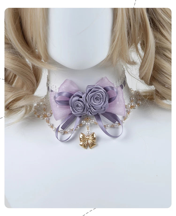 Independent Brand - Rose & Pearl - Lace Collar Necklace with Roses, Bows and Pearl Chain