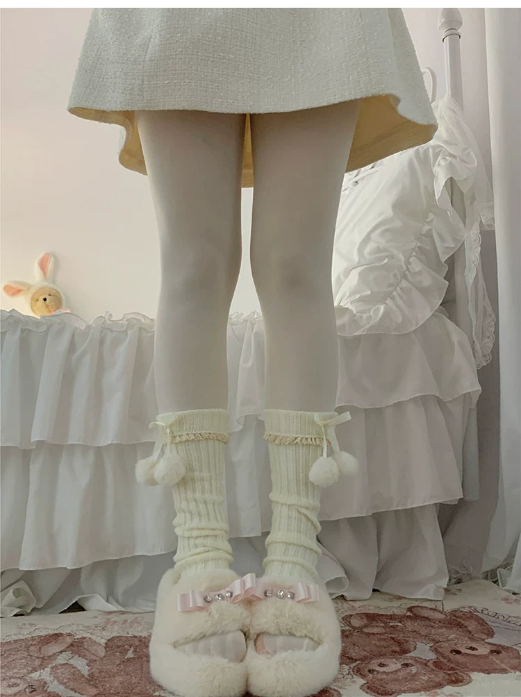 roji roji - Lace Pom-Pom - Knit Leg Warmers with Lace Edging, Ribbon Ties and Handmade Pom-Poms