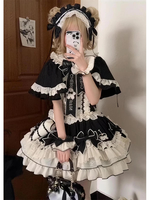 Creamy - Black Ribbon - Black JSK Dress with Cape and Bow-Trimmed Train