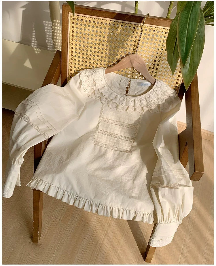 With PUJI - Jennie - Sweet Lolita Cotton Shirt, Ruffled Round Collar