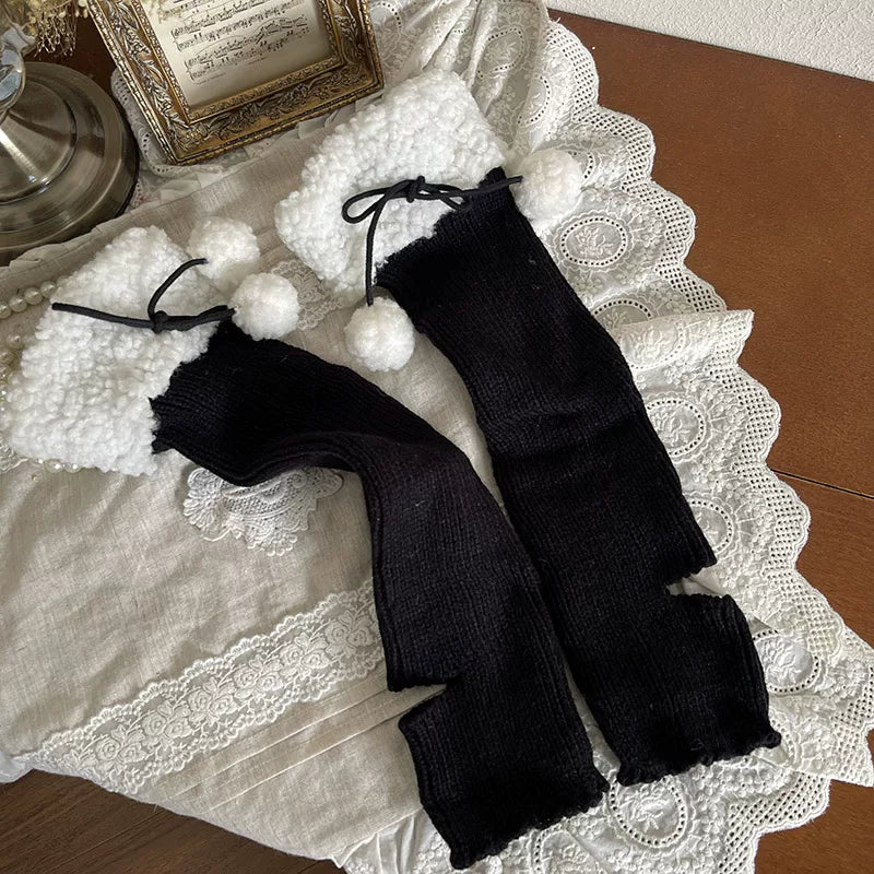 Sock Noble - Winter Pom-Pom - Knit Leg Warmers with Lace and Fluffy Foldover Trim