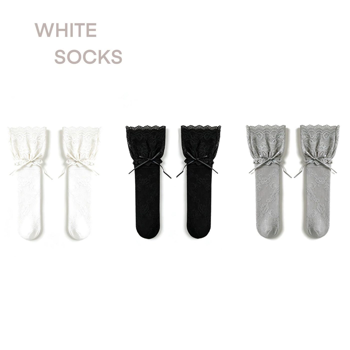 White Socks - Lace Ribbon - Socks with floral lace and ribbon ties