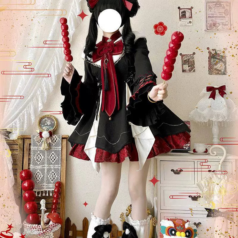 Sweetheart Dream Machine - Maohua - Black-Red Chinese-Style OP Dress with Ruffled Bib