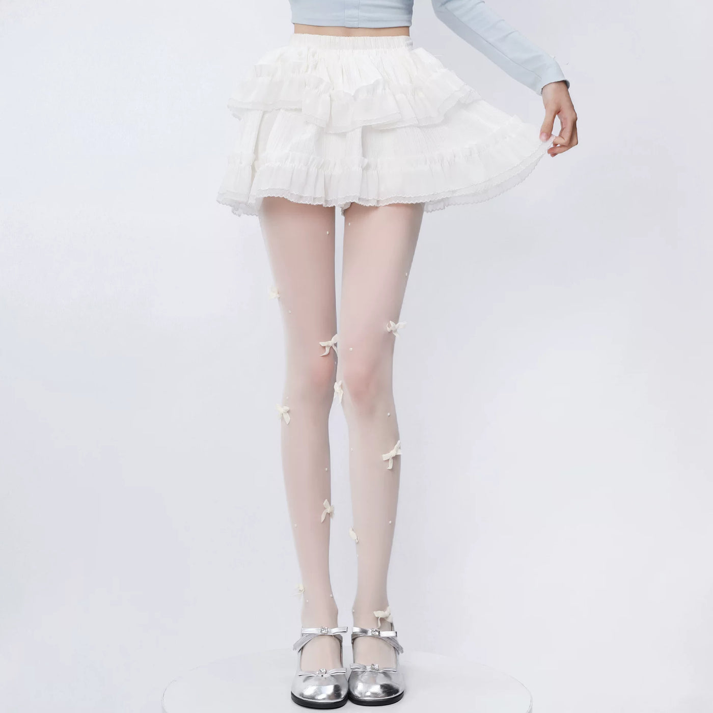 Fantasy Doll - Pearl Bow - Milk-White Pantyhose with Scattered Bows and Pearl Details