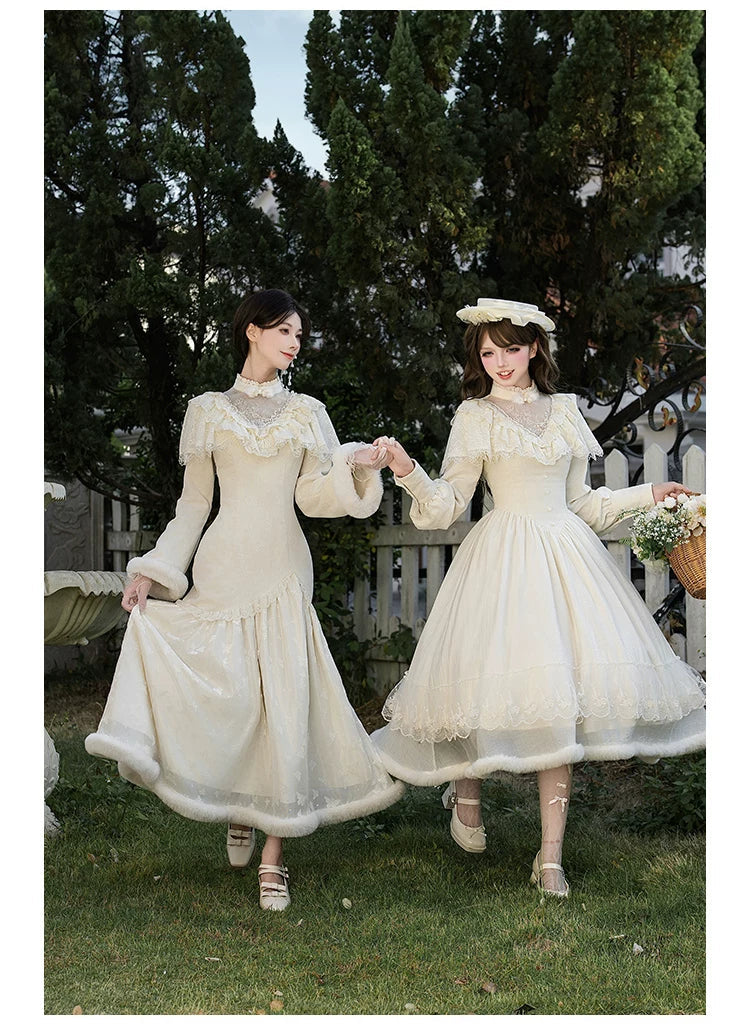 With PUJI - Winter Island Memory - Elegant Lolita Winter Coat & OP Dress Set