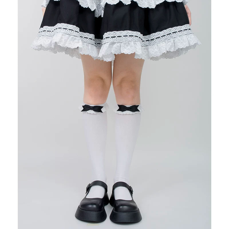 roji roji white mid-calf socks with lace cuffs and pink bows.