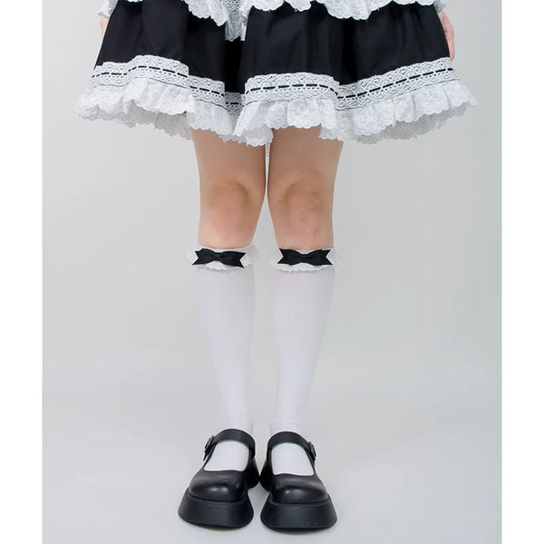 roji roji white mid-calf socks with lace cuffs and pink bows.