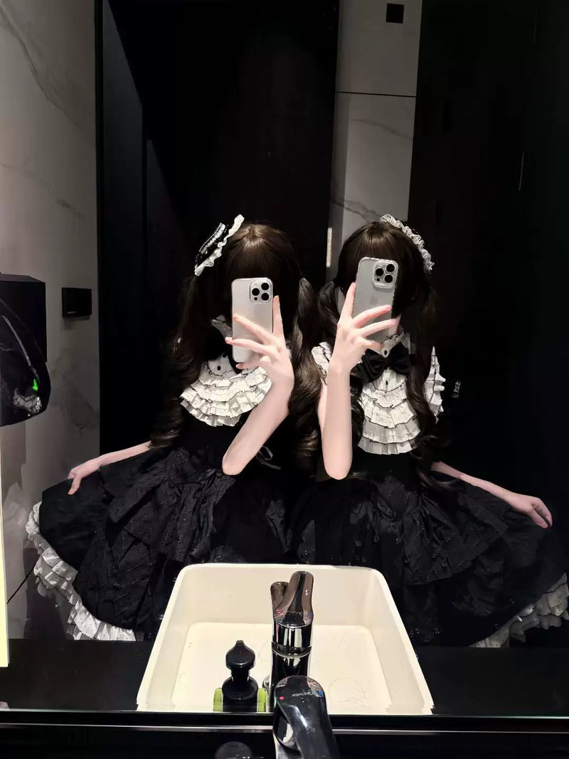 Alice - Black Heiress - Black One-Piece Dress with White Ruffle Collar