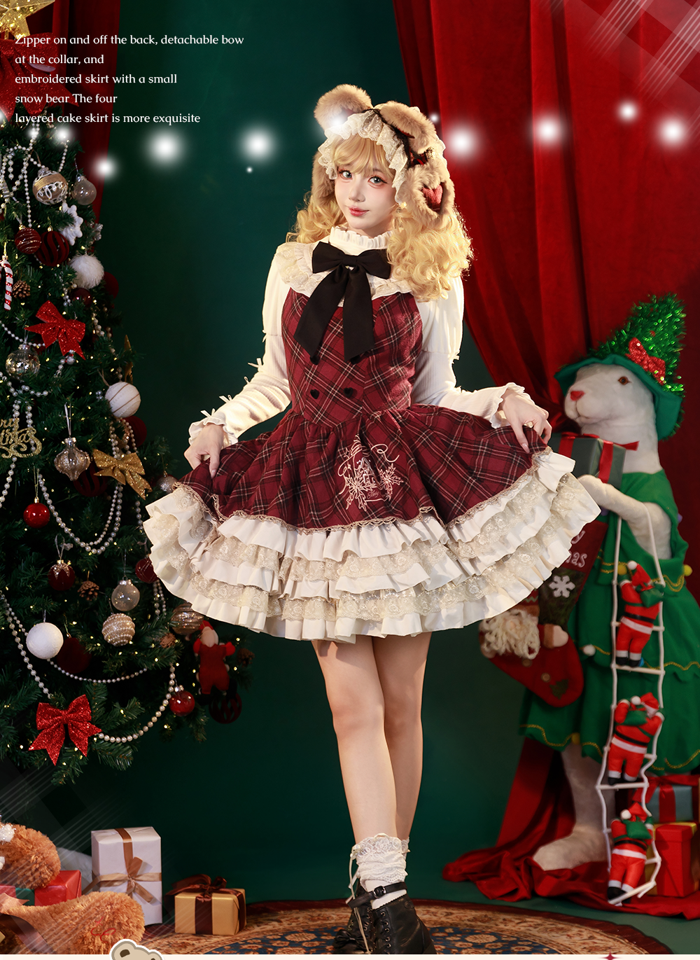 OCELOT - Kurikuma Cocoa - Christmas Plaid Lolita JSK, Hooded Cape