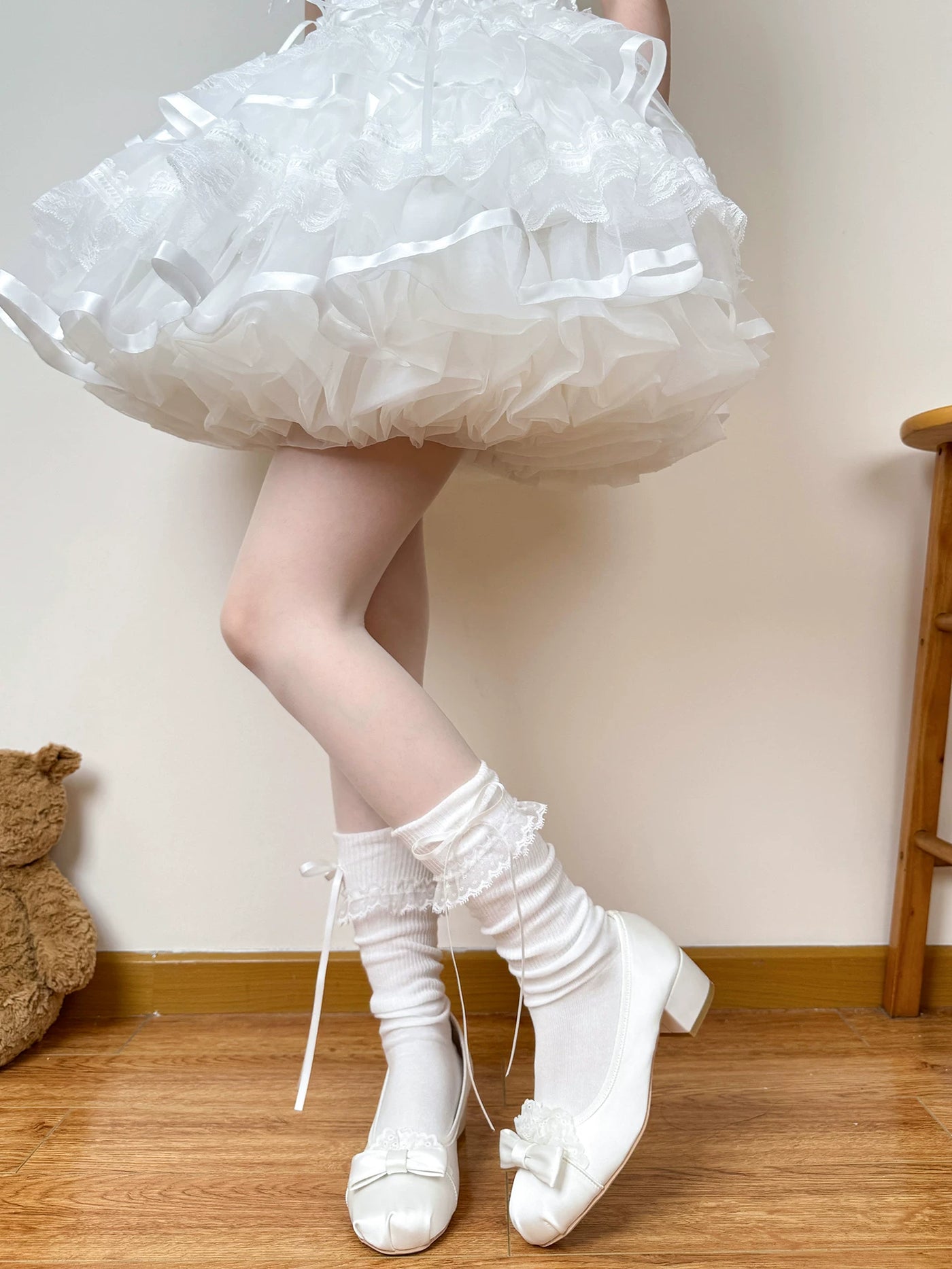Chubby Bear Tales - Cream Ballet - Thin Scrunch Socks with Ribbon Bows