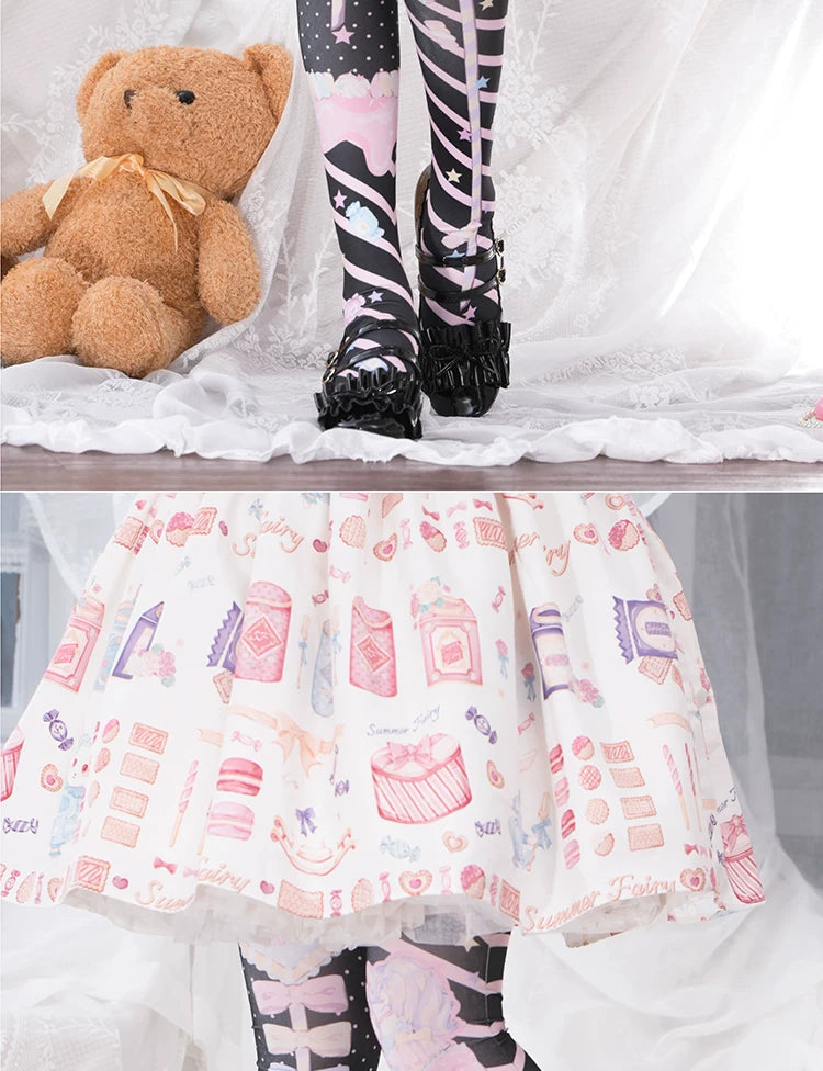 roji roji - Holy Scepter - Printed Velvet Over-the-Knee Socks with Bow and Star Motifs