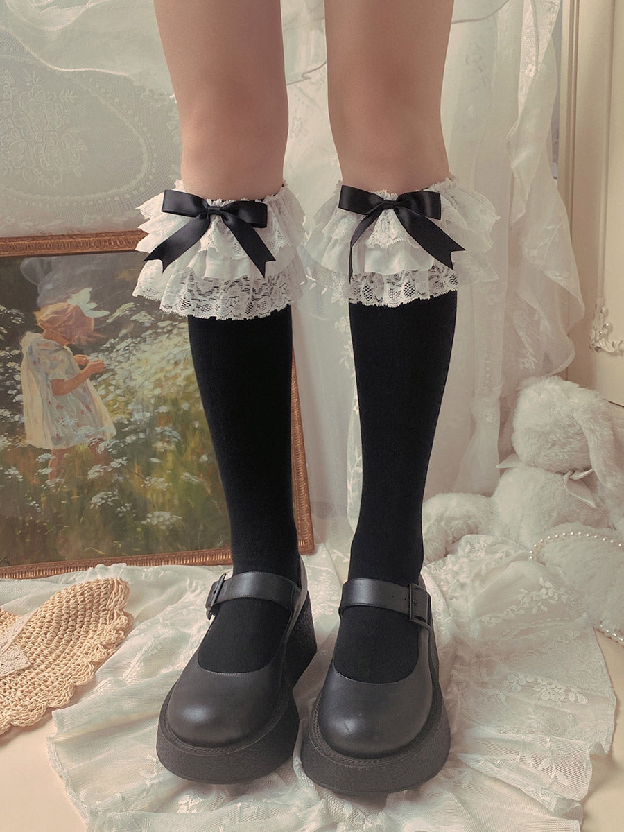 WAGUIR - Cotton Lolita Bow Socks with - Layered Lace Trim Socks