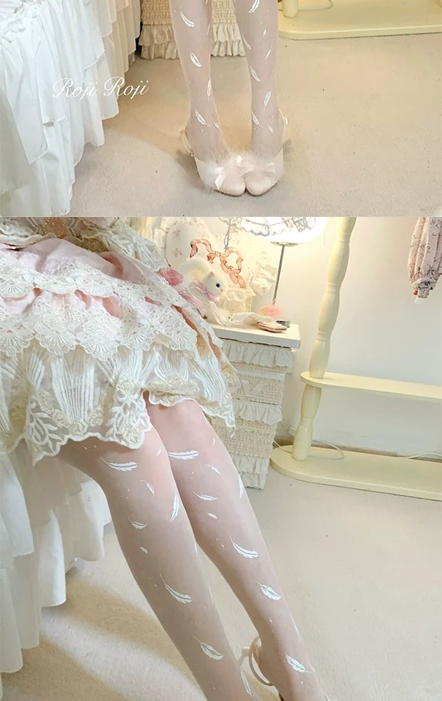 Roji Roji - Sweet Lolita Tights Women Feather - Print Pantyhose Socks
