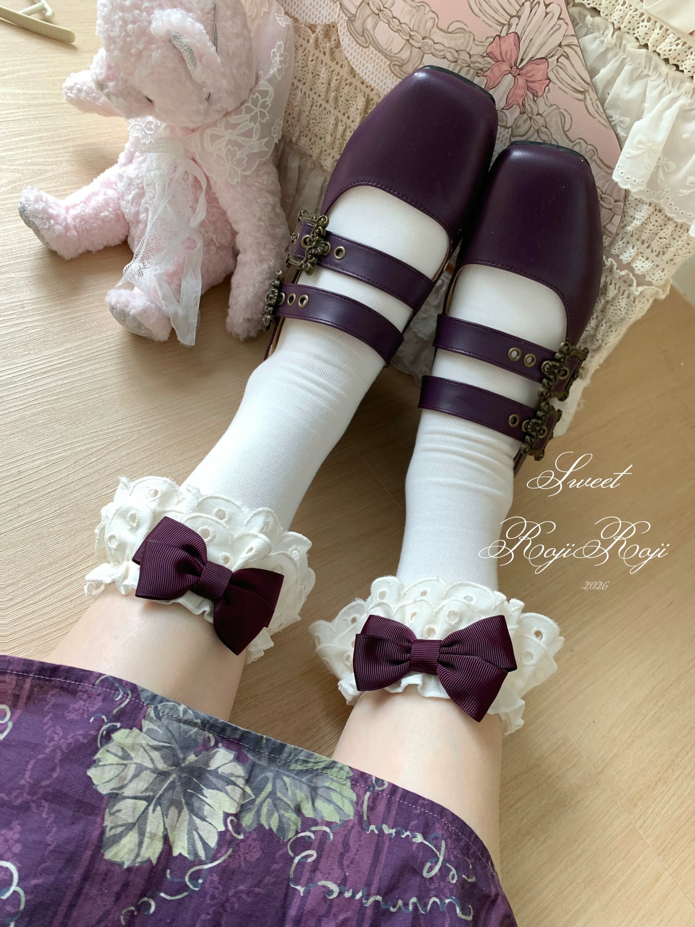 Roji Roji - Cotton Classic Lolita Calf Socks - Double Layer Trim & Bow Socks
