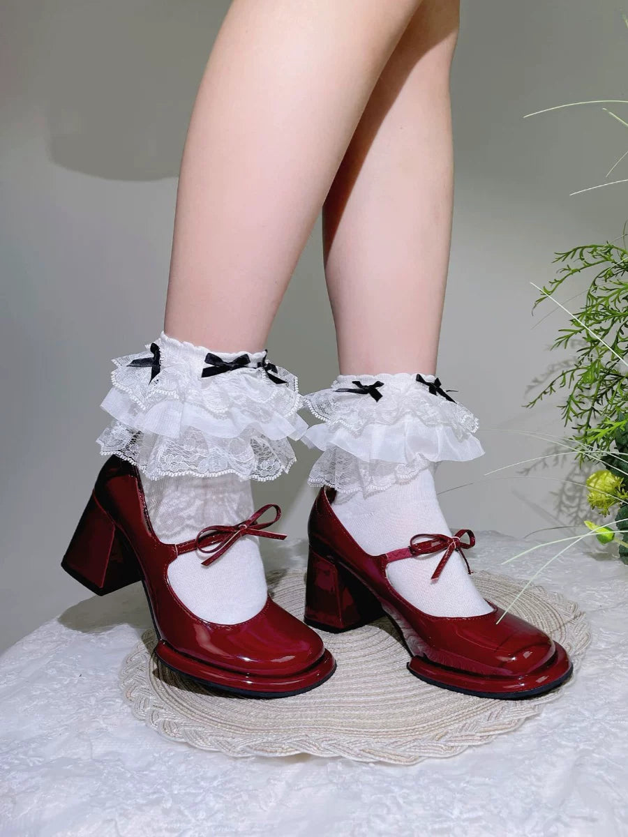 Fantasy Doll - Monochrome Ribbon - Cotton Mid-Calf Socks with Lace Ruffle Cuffs