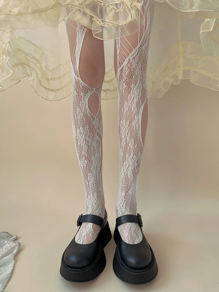 Sock Noble - Y2K Distressed Lace - Cutout Tights with Openwork Panels