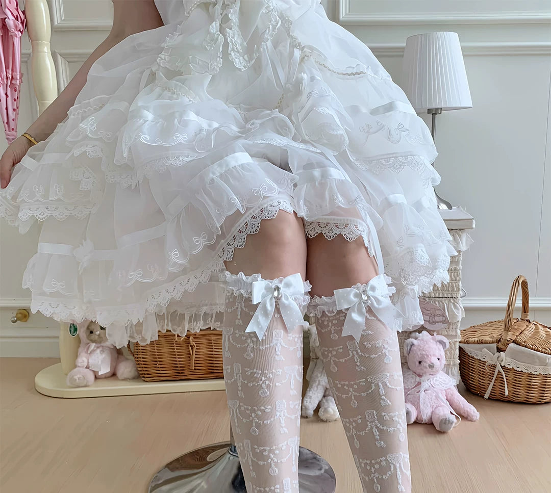 roji roji - Gemmed Bow - Lace Socks with Polka-Dot Bows