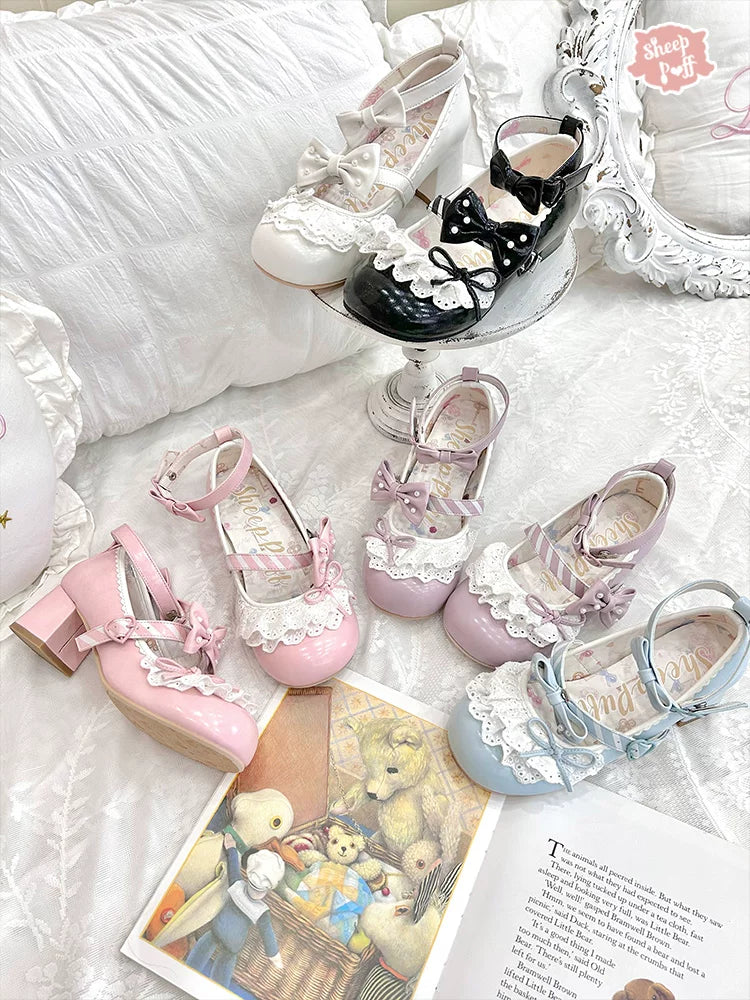 Sheep Puff Little Brulee mid heel Lolita shoes with pastel pink and white design, featuring a cute sheep puff embellishment.