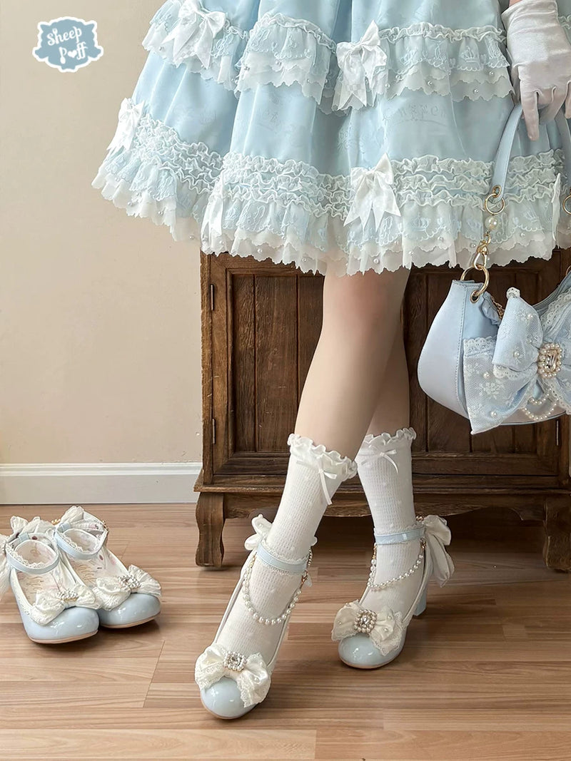 Sheep Puff Princess Pearl Mary Jane Shoes, white shoes with pearl embellishments, featuring a classic strap and rounded toe.