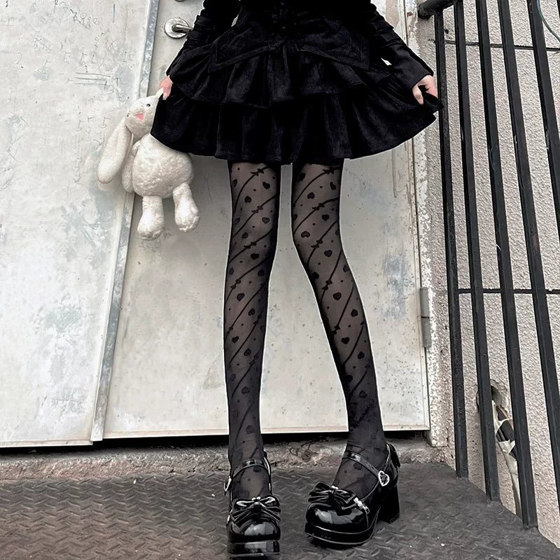 Floral Milk Cat - Heart Stripe - Pantyhose with Heart Motifs and Diagonal Stripe Details