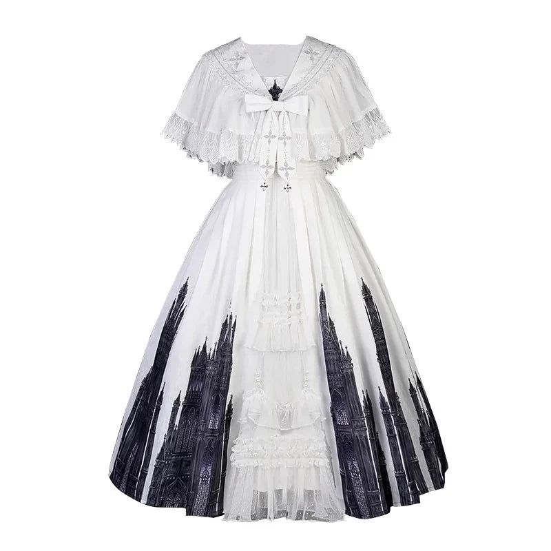 Cornfield Lolita - Silent Church - Gothic Lolita JSK Dress with Church Print and Chest Cross Motif