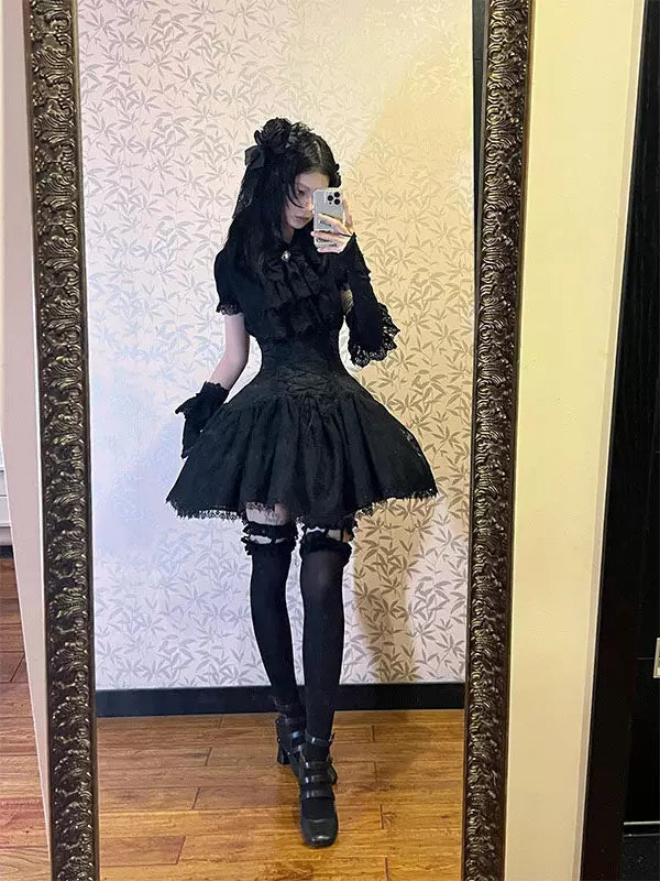 Creamy - Dark Gothic Set - Black Blouse and SK Skirt Set with Drool Bib