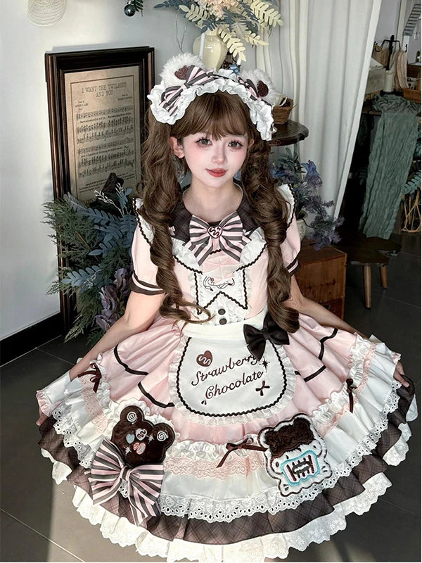 Pink chocolate-themed Lolita dress set with teddy-bear embroidery and an apron