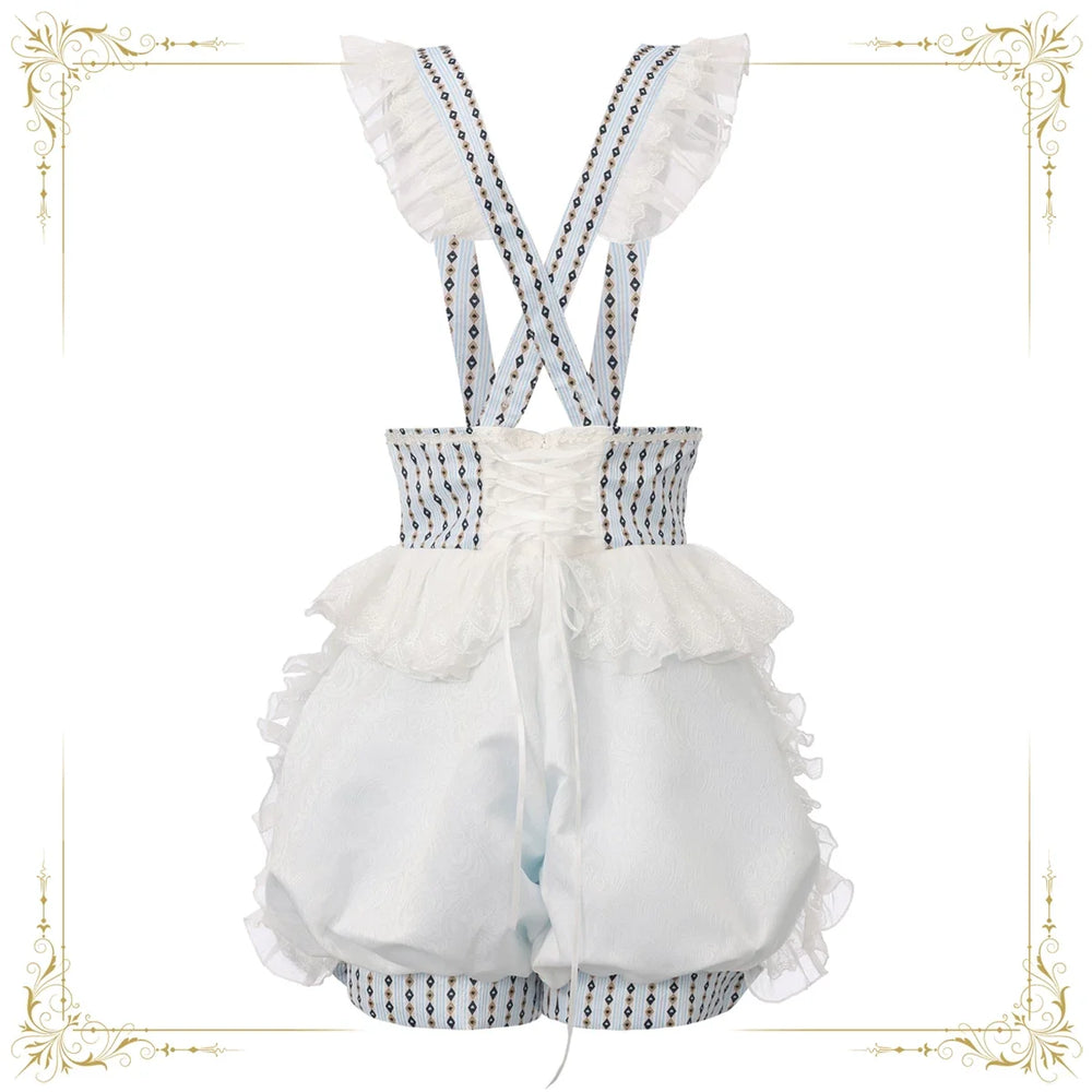 White Ouji Lolita lantern shorts with argyle-print straps and layered lace trim.