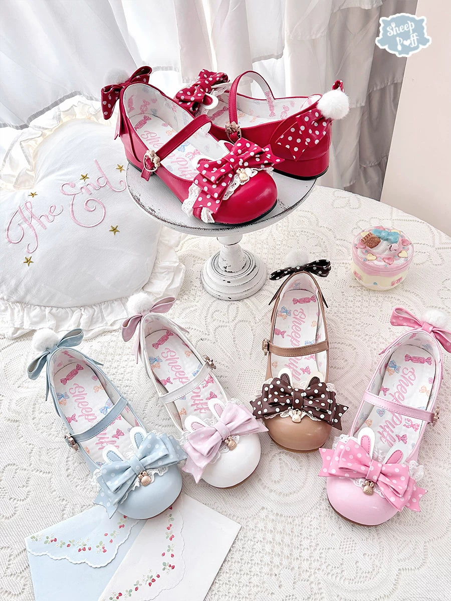 Sheep Puff Bunny Jam Lolita Shoes showing pastel pink and white design with bunny accents and decorative bows.
