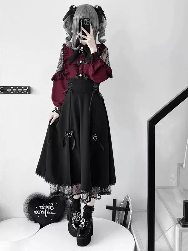 Wine-red blouse and black skirt set with lace trim, ribbon bows and heart details.