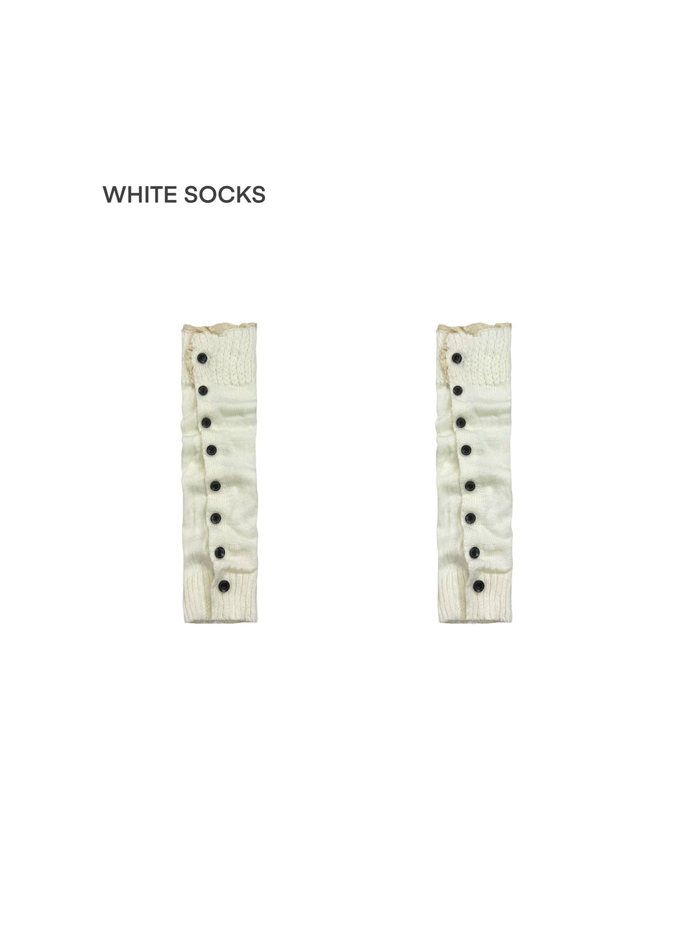 White scrunched knit leg warmer socks with lace trim and button details shown from the front
