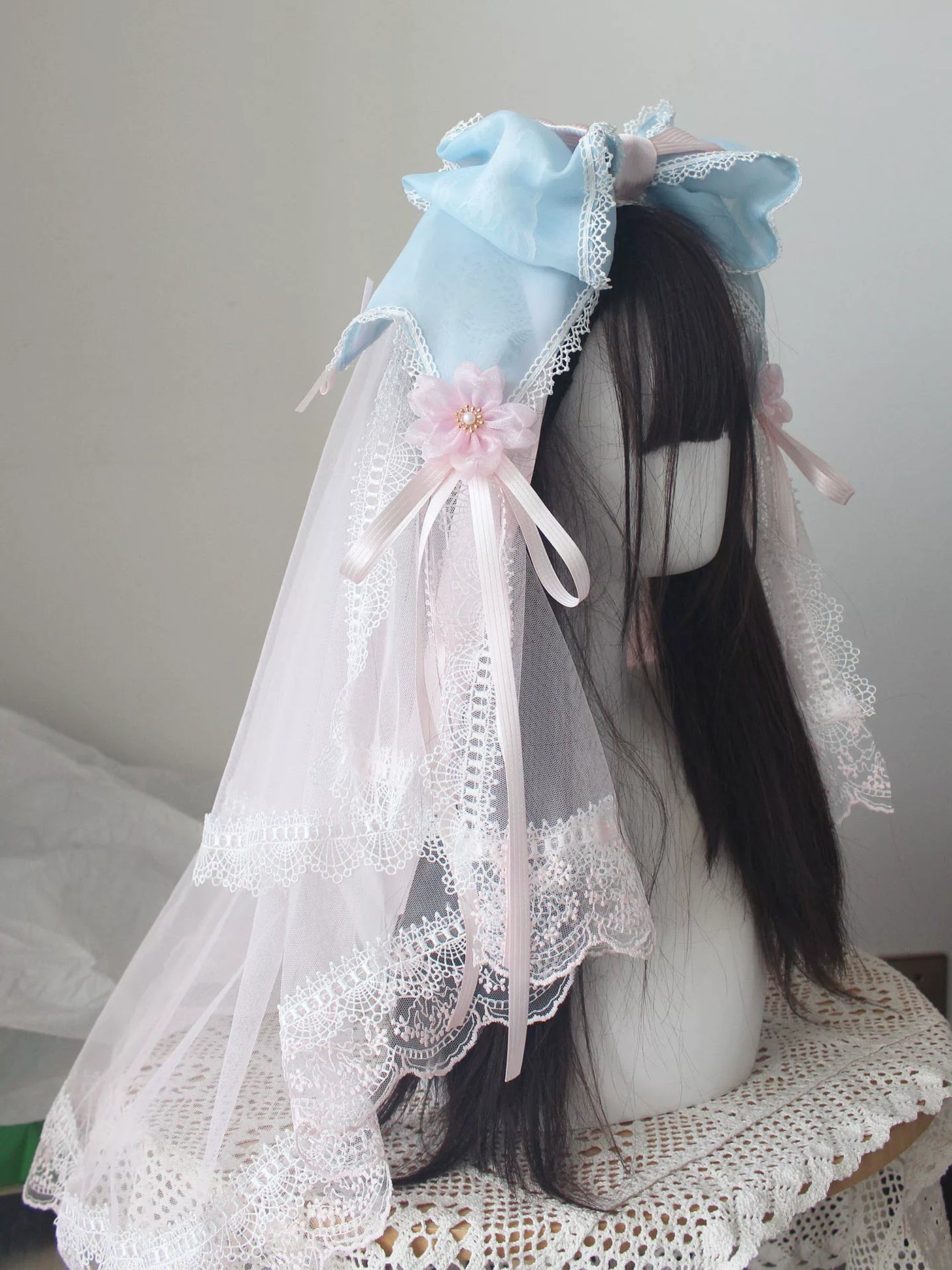 Deer Girl Handmade - Cherry Blossom Confession - Headwear with pink bow and lace-trimmed veil options