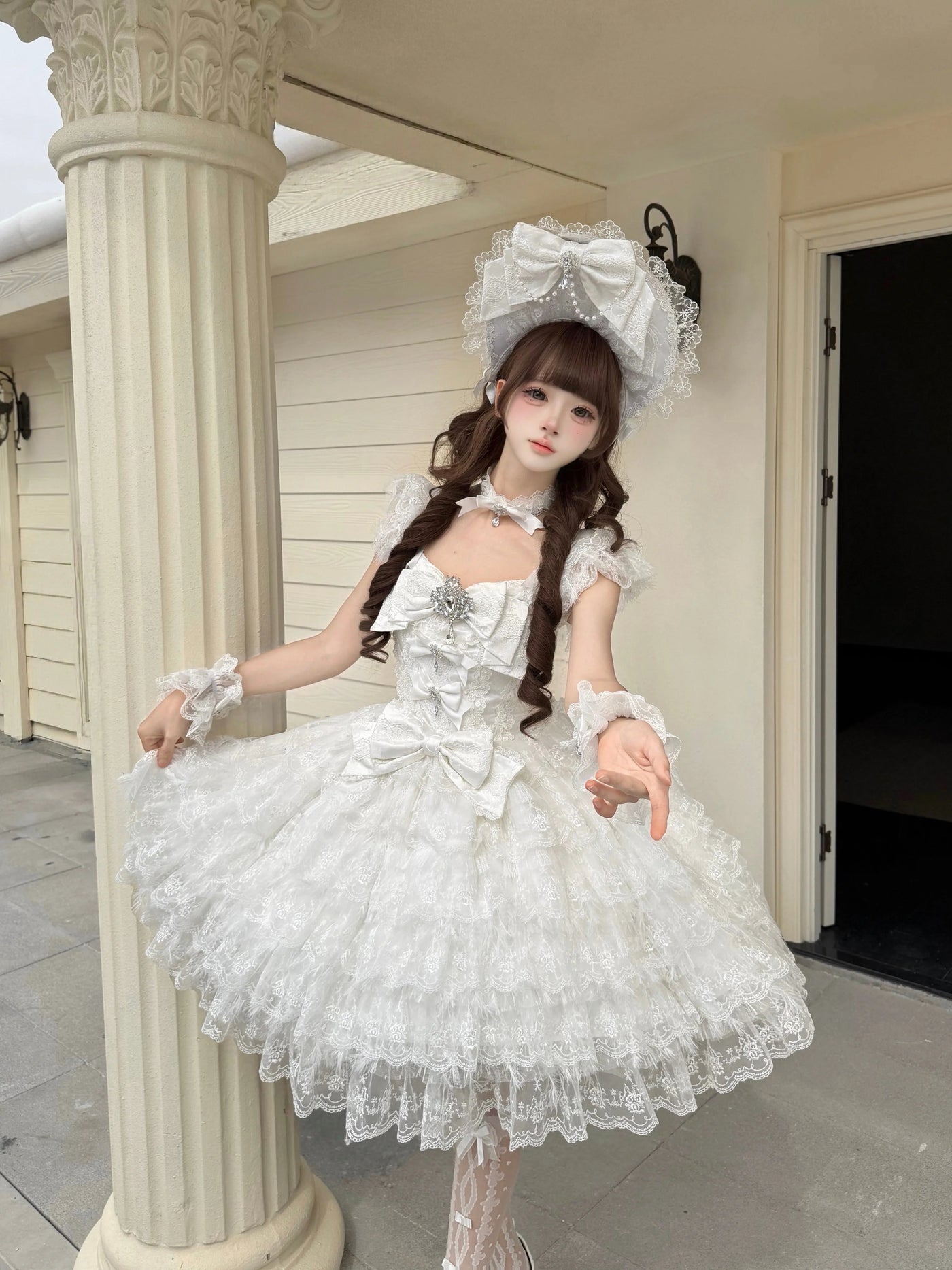 Sugar Girl - Snow Feather - Wedding Sweet Lolita JSK Dress, Multi-layered Lace Skirt