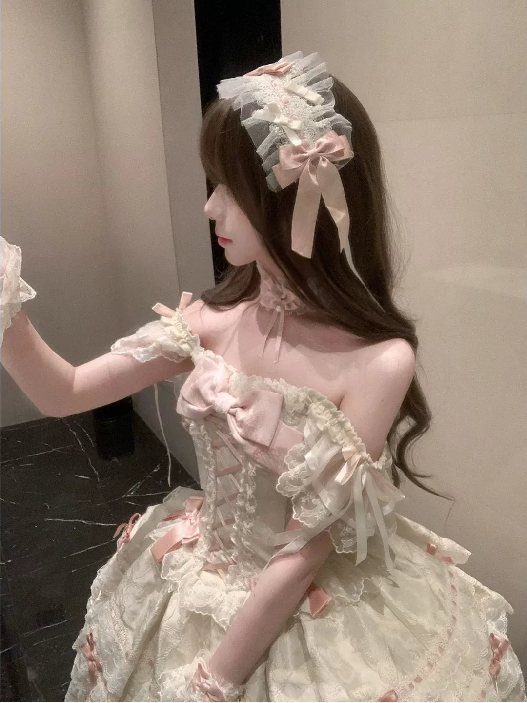 Creamy - Flower Bride - Apricot JSK dress with layered lace ruffles and bows