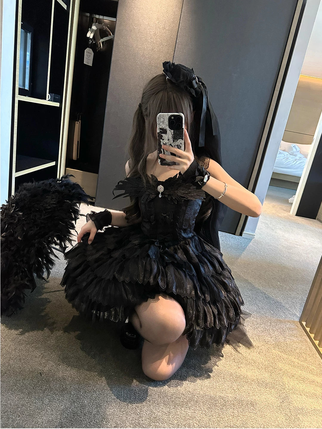 Creamy - Black Swan - Black JSK Dress with Layered Feather-Shaped Trim