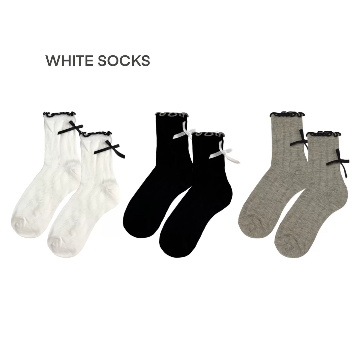 White Socks - Ballet Ribbon - Mid-Calf Socks with Lace Trim and Bow Detail