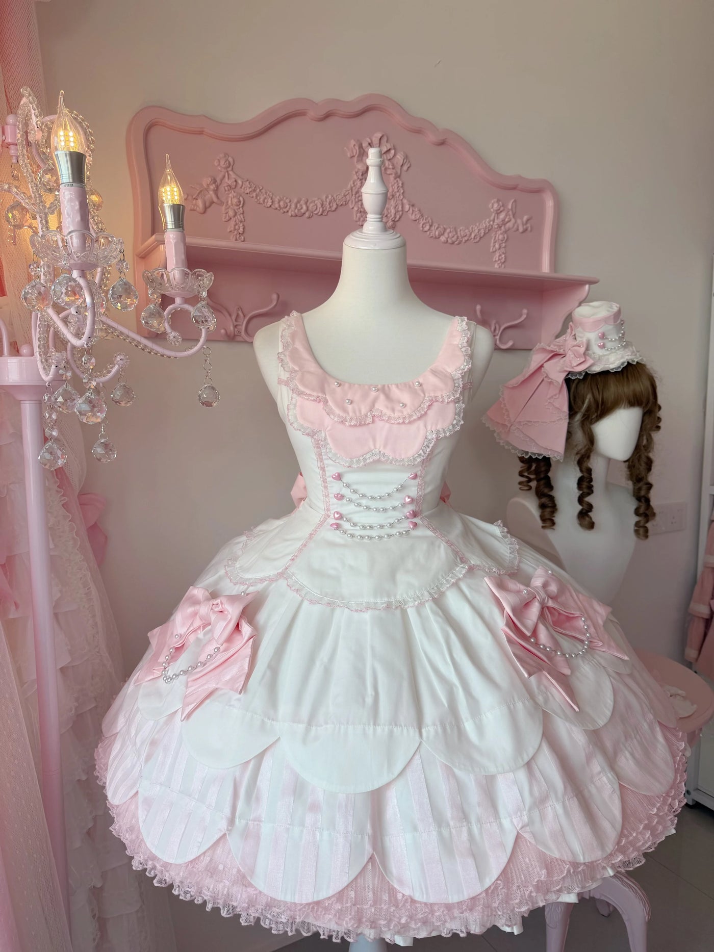 Tata Long Ear - Pearl Princess - White-and-Pink JSK Dress with Pearl Details and Scalloped Layers