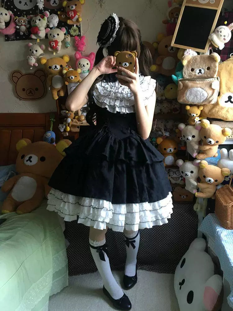 Miyou - Sweet Polka Dot - Black-and-White Polka-Dot JSK Dress