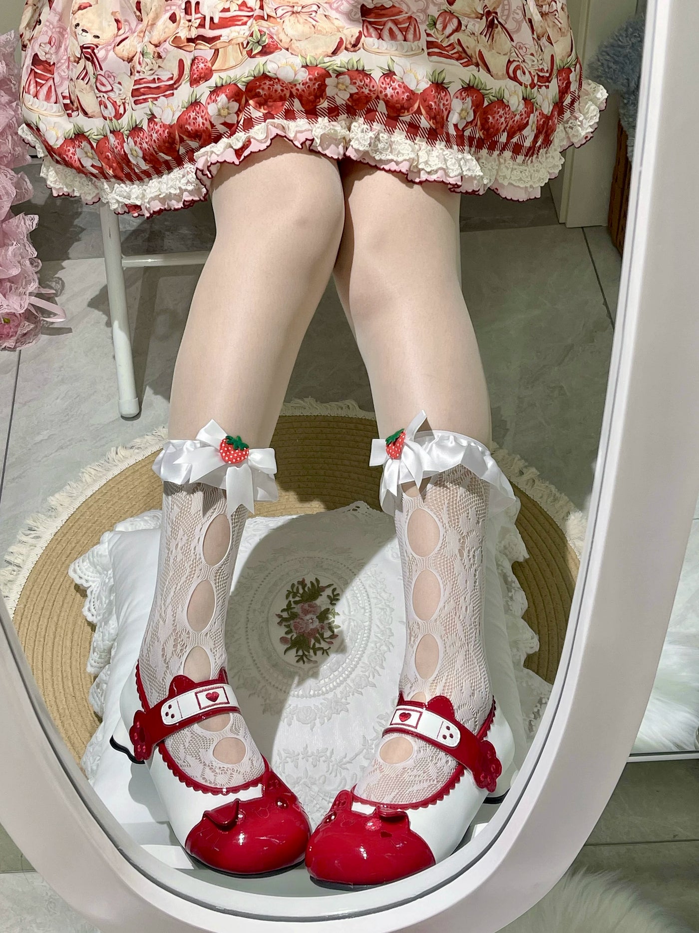 Fantasy Doll - Strawberry Bow - Lace mid-calf socks with strawberry-topped satin bows