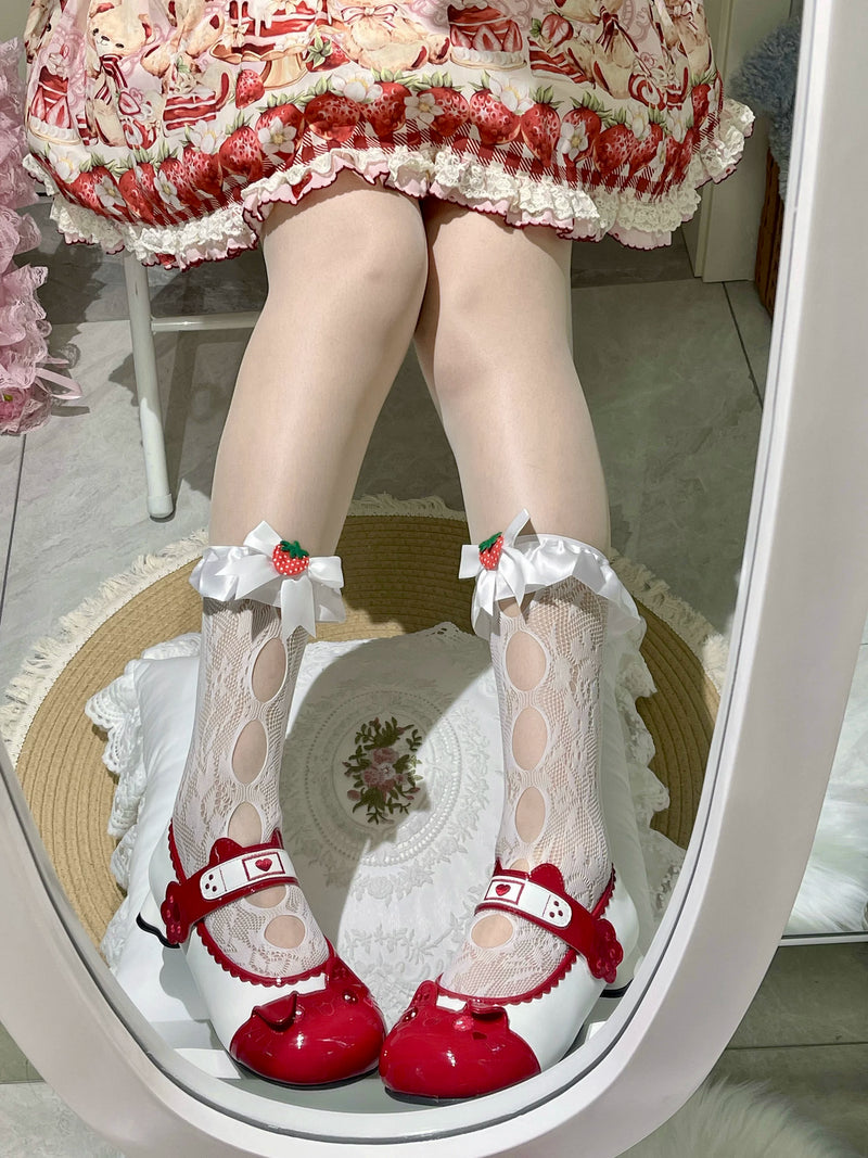 Fantasy Doll - Strawberry Bow - Lace mid-calf socks with strawberry-topped satin bows