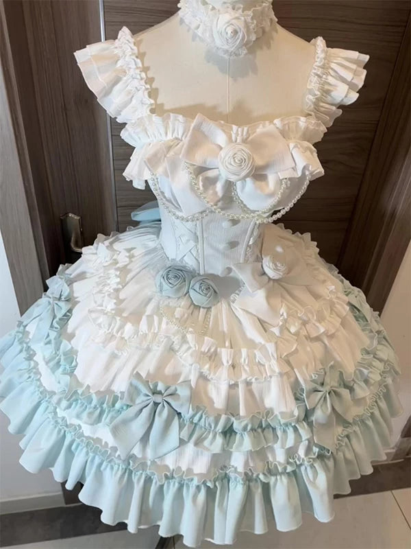 Creamy - Mint Rose Cascade - JSK with layered ruffles and a trailing skirt