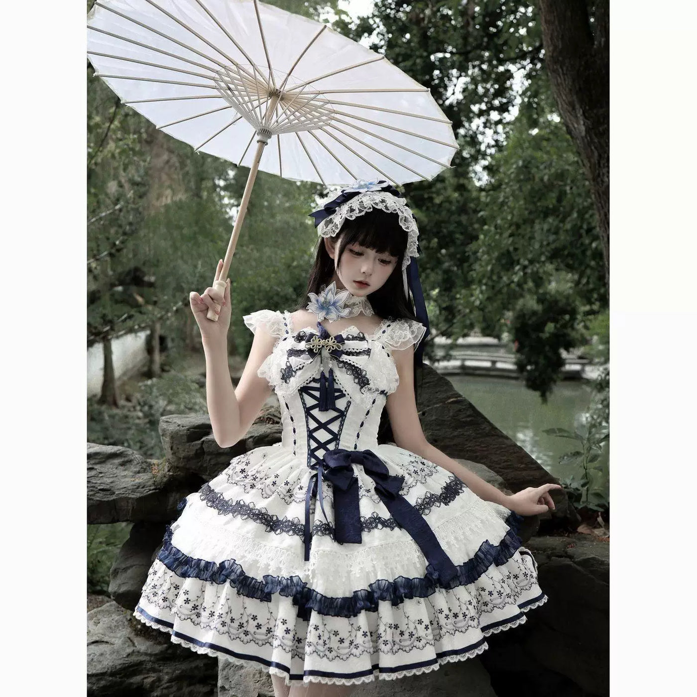 Sweetheart Dream Machine - Blue-and-White Porcelain - Blue JSK with lace ruffles