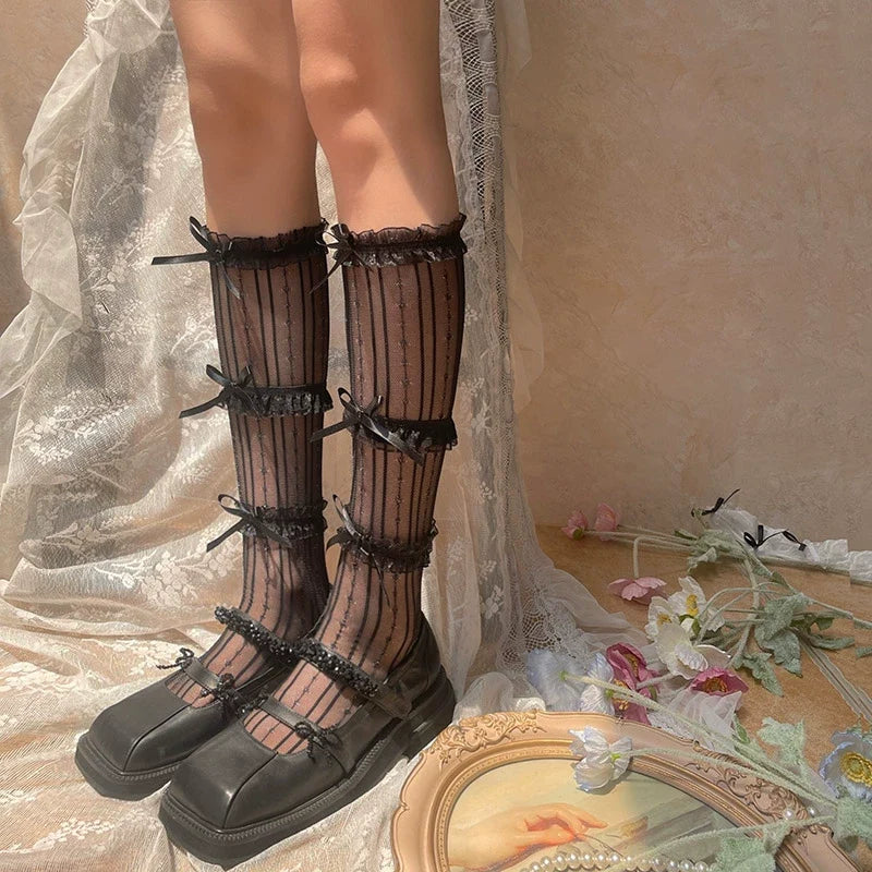 WAGUIR - Sweet Lolita Mid-Calf Socks 3-Layer - Lace Mesh Fairy Thin Socks Socks