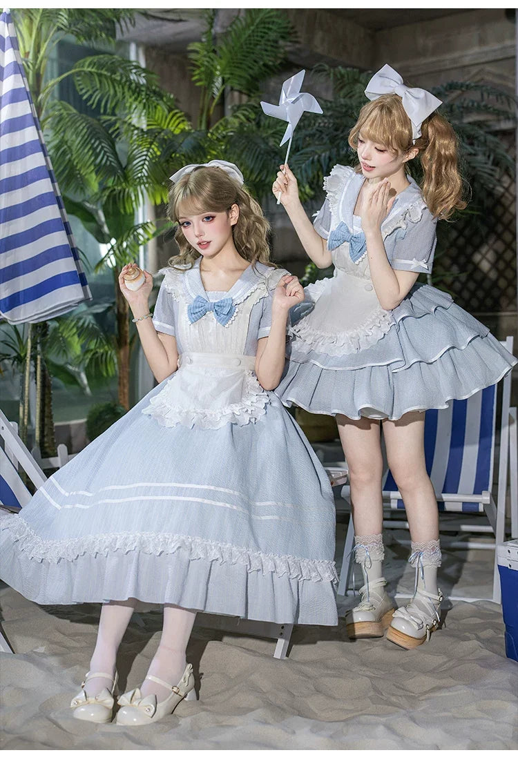 With PUJI - Seven-Day Bell - Blue Classic Lolita Striped OP Dress, Sailor Collar