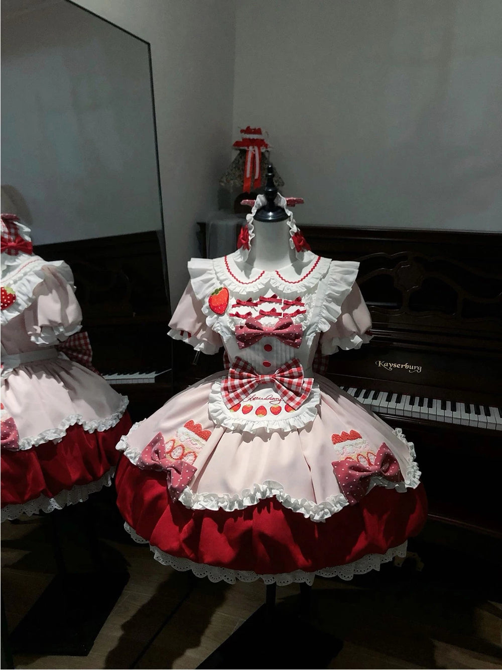 Sweet Lolita pink and red JSK set with strawberry embroidery and frilled white collar