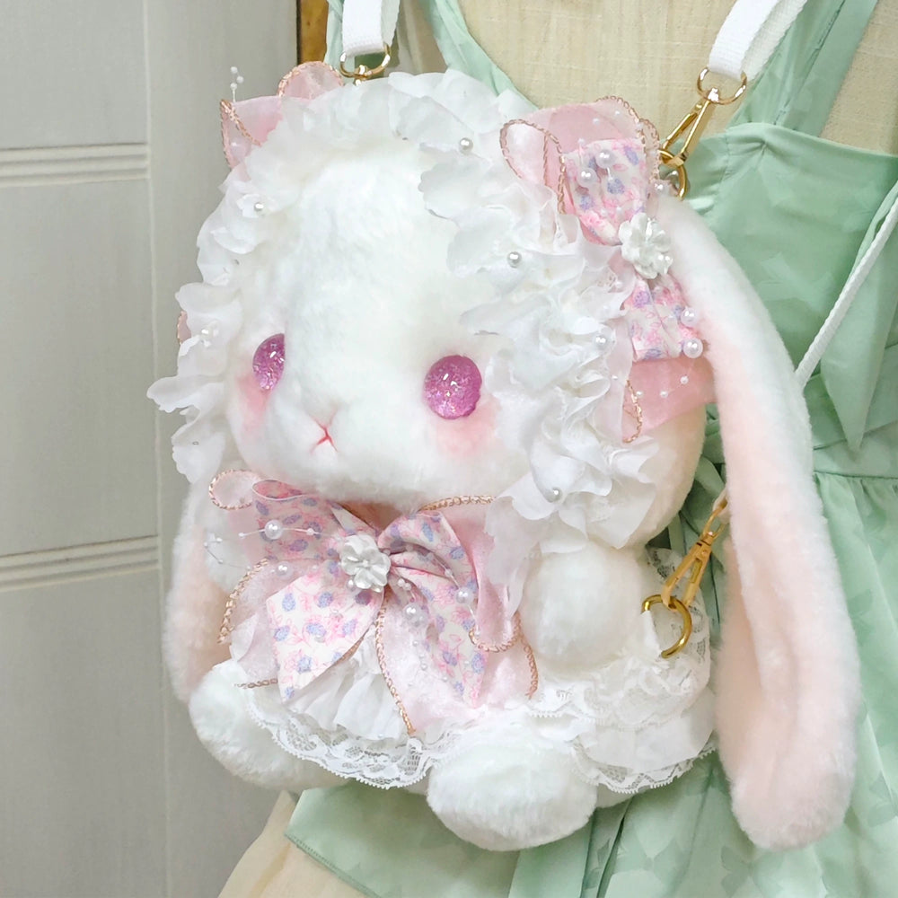 BearStar Lolita plush bunny backpack, large size, pink variant, front view